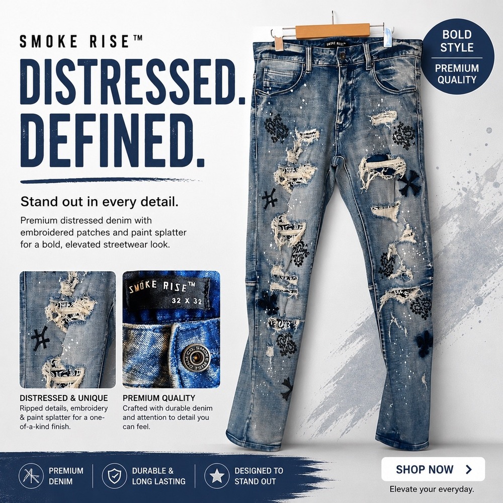 Smoke Rise Mens Distressed Paint Splatter Rip & Repair Moto Jeans Blue 32x32